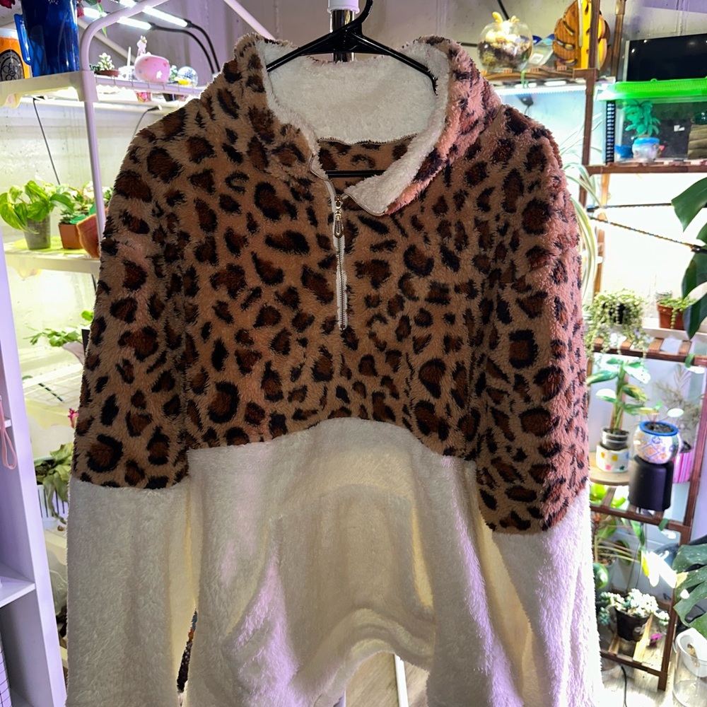 Leopard Print Half-Zip Fleece Hoodie